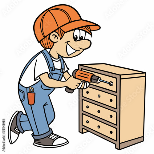 Cartoon handyman assembling wooden drawer furniture with electric drill