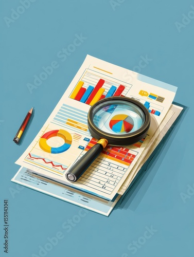 Detailed Financial Report Layout With Magnifying Glass and Vibrant Charts for Analysis and Review Using Clean Design Elements