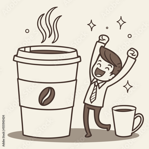 Animated Office Worker Gleefully Enjoys Coffee Refreshment With Big Cup