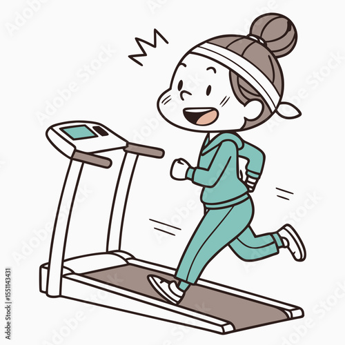 Enthusiastic woman jogging on a treadmill with happy expression indoor workout