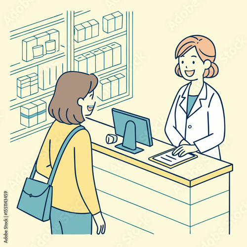 Illustration of a customer at a pharmacy counter interacting with a pharmacist