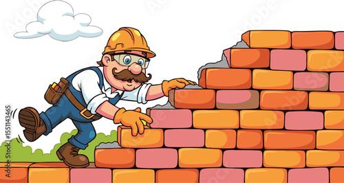 Cartoon Bricklayer with Orange Hardhat Building a Colorful Brick Wall