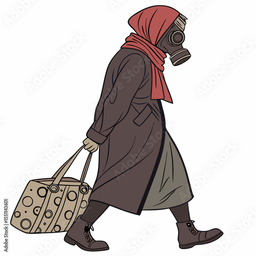 Individual navigating a polluted or post-apocalyptic world concept illustration