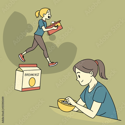 Conceptual illustration showcasing a woman's breakfast preparation and morning routine