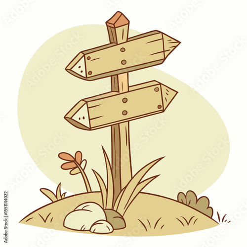 Illustrated wooden signpost, indicating direction, amidst natural elements