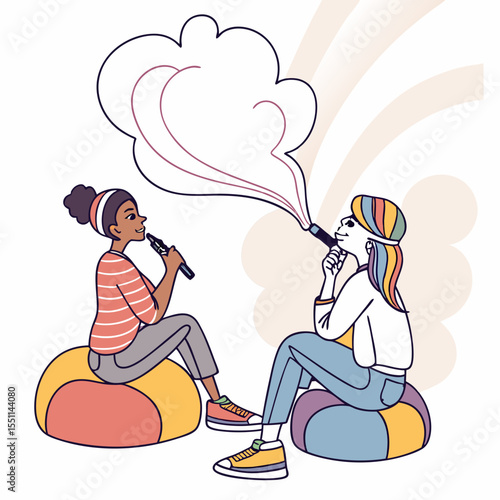 Relaxed friendship: Two young women enjoying vaping on colorful beanbag chairs