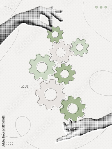 Trendy Halftone Collage Business team and teamwork concept. Hands joining cogwheel gears together. Goal achievement project. Cooperation and management concept. Contemporary vector illustration art
