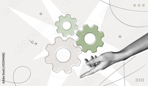 Trendy Halftone Collage Hand with cogwheel gears. Working experience. Organization business progress. Concept of success, leadership, career development. Contemporary vector illustration art
