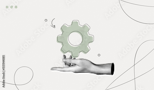 Trendy Halftone Collage Hand with cogwheel gear. Working experience. Organization business progress. Concept of success, leadership, career development. Contemporary vector illustration art