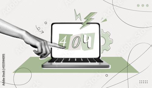 Trendy Halftone Collage Laptop screen with error 404. Page not found. System error, broken page. Hand pointing at computer with lost signal. Website message. Contemporary vector illustration art