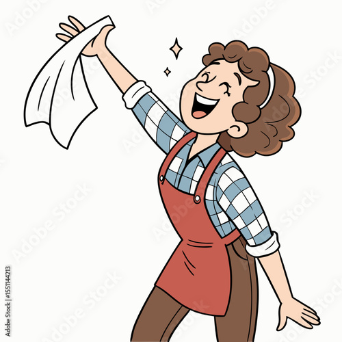Enthusiastic cartoon character celebrating cleaning achievement, joyful and bright