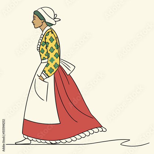Stylized Depiction of a Woman in Period Costume Walking with Quiet Grace