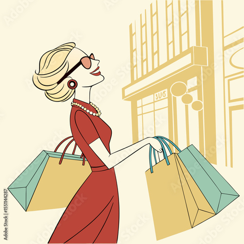 Elegant woman enjoying shopping spree in a chic urban environment vintage style