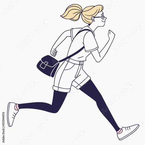Dynamic sketch portraying a woman swiftly running with a bag slung over shoulder