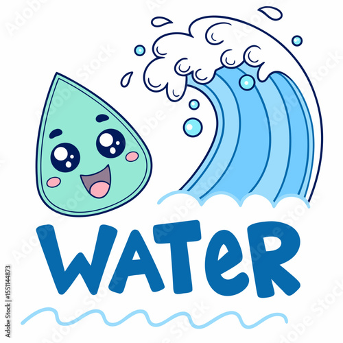 Animated water droplet character beside a stylized blue ocean wave illustration