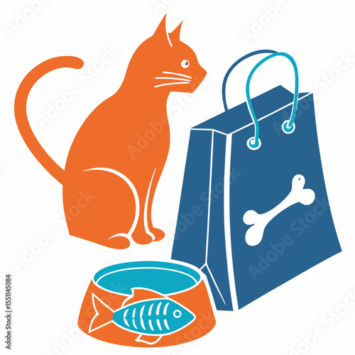 Graphic Illustration of a Pet Cat, Bag and Bowl, Symbolizing Pet Care Products