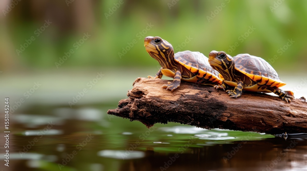 Fototapeta premium Two beautifully patterned turtles bask on a log in a tranquil water setting, embodying the serenity of nature and the peacefulness of aquatic life.