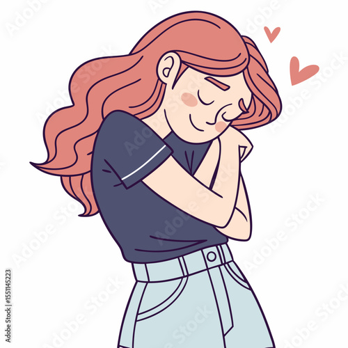 Enamored girl embracing inner joy with gentle smile and tender gesture