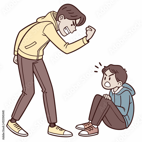 Aggressive interaction depicted between individuals, one stands while other sits