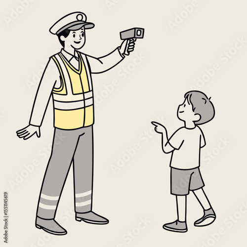 Traffic officer using radar to examine a boy pointing upward in linear style