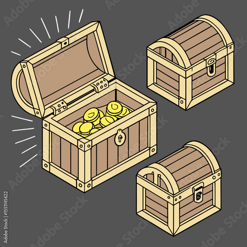 Illustrated treasure chests collection in isometric view for game assets or design