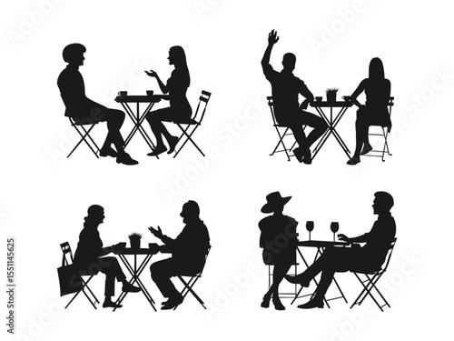 Silhouette of a romantic couple sitting table in a cafe. A romantic couple sitting at a table in a cafe, in silhouette. Silhouettes of couples enjoying outdoor cafe conversations.