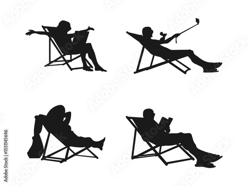 woman sitting on a beach chair. Time for relaxation. A set of silhouettes of a resting woman. Silhouette of people relaxing and resting on a chair, hammock, reading, and sleeping.