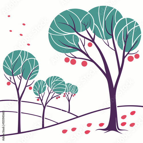 Stylized arboreal landscape illustration with decorative leaf and fruit elements