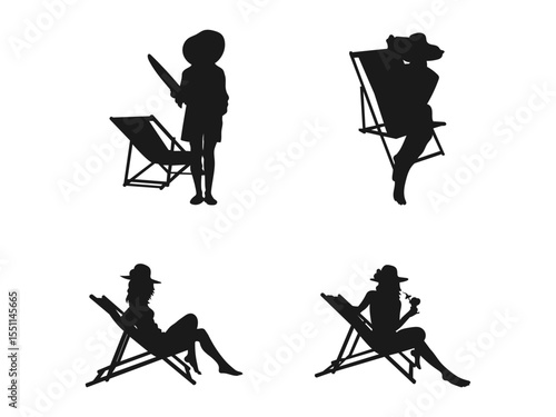 woman sitting on a beach chair. Time for relaxation. A set of silhouettes of a resting woman. Silhouette of people relaxing and resting on a chair, hammock, reading, and sleeping.