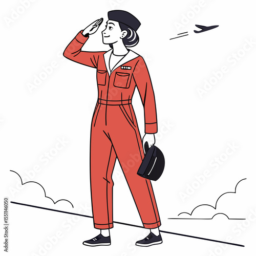 Female aviator gazes hopefully at a distant plane symbolizing ambitions for flight