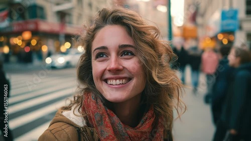 Wallpaper Mural Bright eyes radiate joy as a young woman smiles amid the lively streets of the city. The warm glow of sunset enhances the vibrant atmosphere, showcasing the rhythm of urban life. Torontodigital.ca