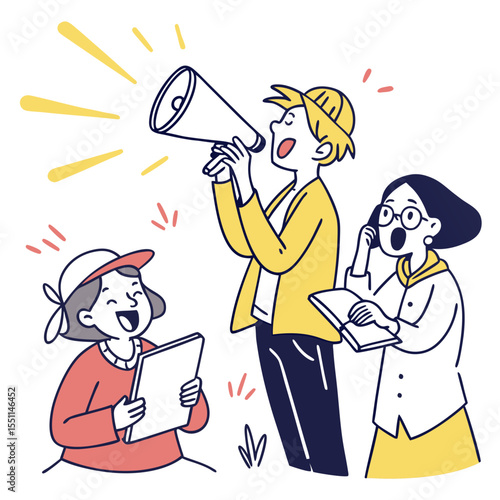Dynamic group announcement with megaphone in illustrative style for vibrant communication