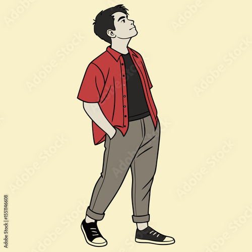 Contemplative young man looking upwards in a relaxed casual setting art