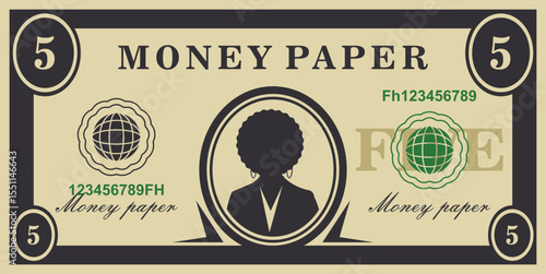 Vintage Five Dollar Bill Design Money Paper Illustration