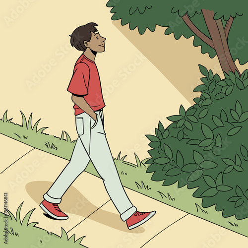 Cartoon man strolls serenely through sun-dappled urban park environment