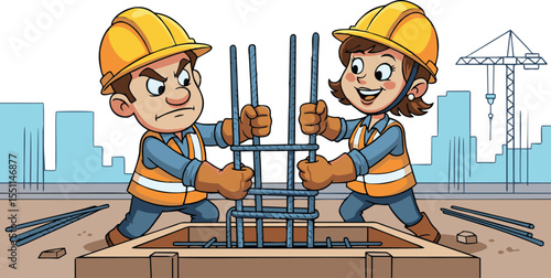 Cartoon construction workers, one frowning, one smiling, building rebar cage