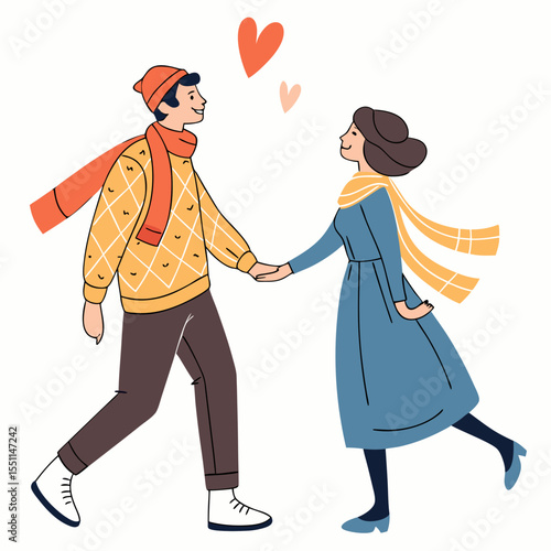 Whimsical winter romance: a couple's affectionate stroll amidst floating hearts