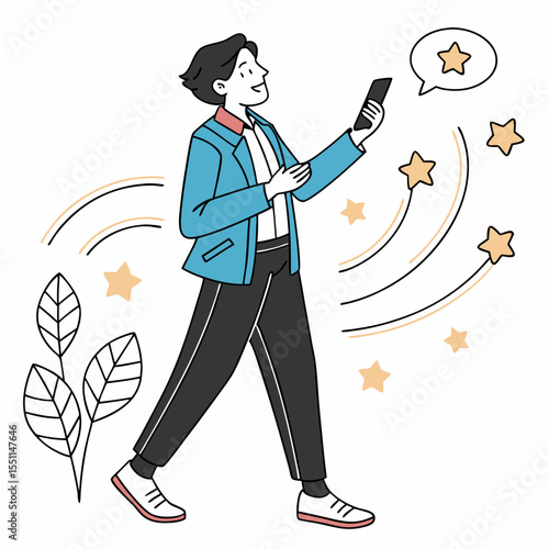 Illustration of a person using a smartphone to rate and give feedback