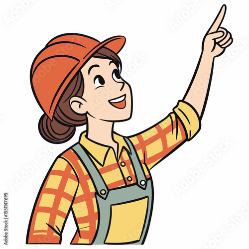 Optimistic construction worker illustration pointing upwards towards future project vision