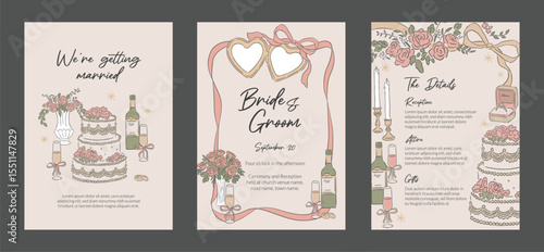 Collection of Wedding occasions event invitation hand drawn style template and background of Ribbon, cake and reception food