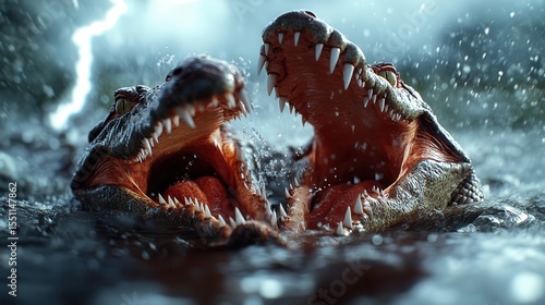 Two fierce crocodiles emerge from turbulent water, snapping their jaws in a dramatic display against a backdrop of lightning and heavy rain, capturing a wild moment in nature.