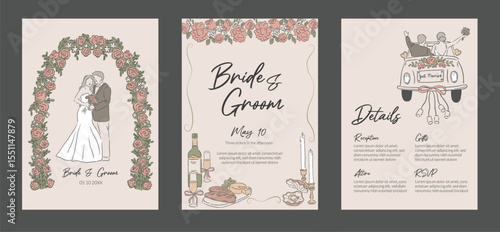 Collection of Wedding occasions event invitation hand drawn style template and background of Bride and groom, car marriage
