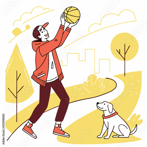 Joyful recreation: a young man playing basketball with his dog in the park