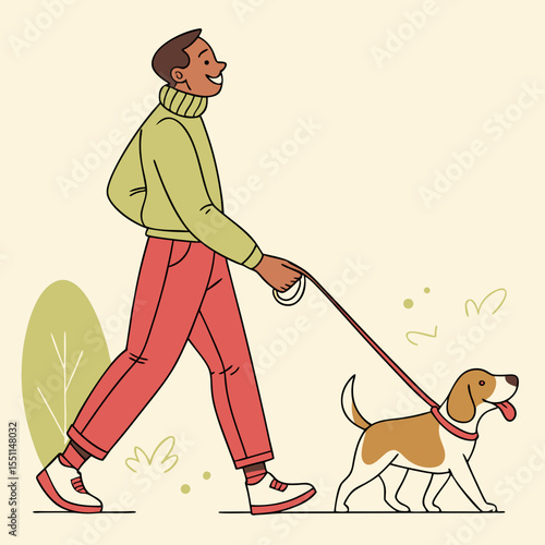 Man and his canine companion enjoying a leisurely walk on a bright day