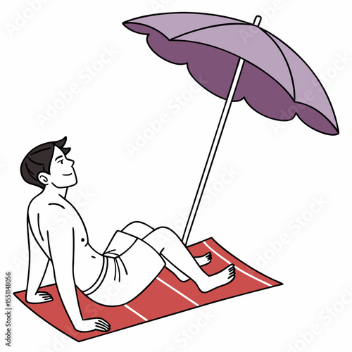 Relaxing beachfront escape: Man enjoying sun and shade beneath a colorful umbrella