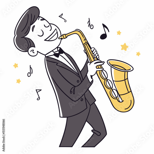 Enthusiastic saxophone player enjoying performance with musical notes and stars