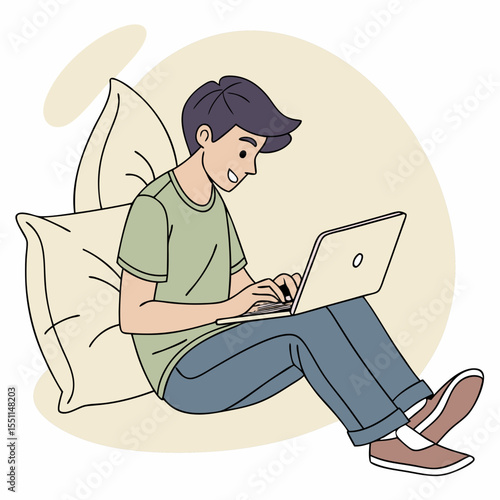 Relaxed digital engagement: A casual illustration of a young man using a laptop