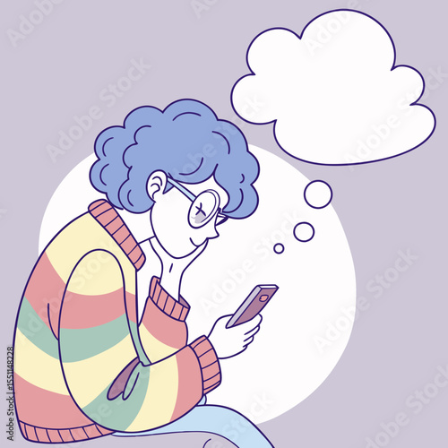 Cartoon illustration of a pensive person using a smartphone with cloud bubble