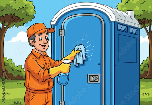 Cartoon man in orange uniform cleaning a blue portable toilet with spray