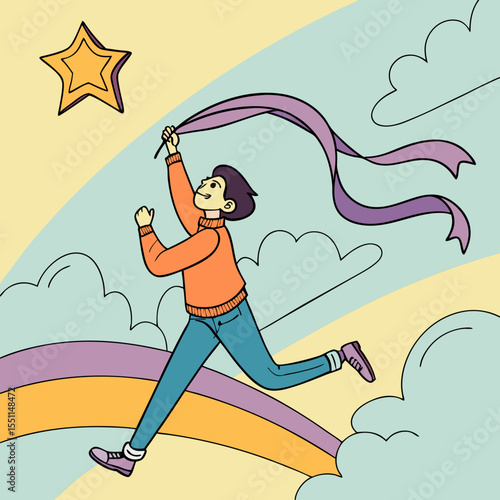 Whimsical pursuit of stellar ambition with ribbon and rainbow background